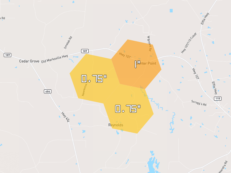 Hail map of Center Point, LA on Jun 2, 2026, hail up to 1"