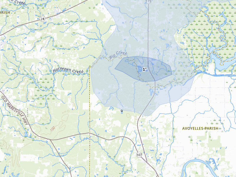 NEXRAD radar-signature map of the hail over Center Point, LA