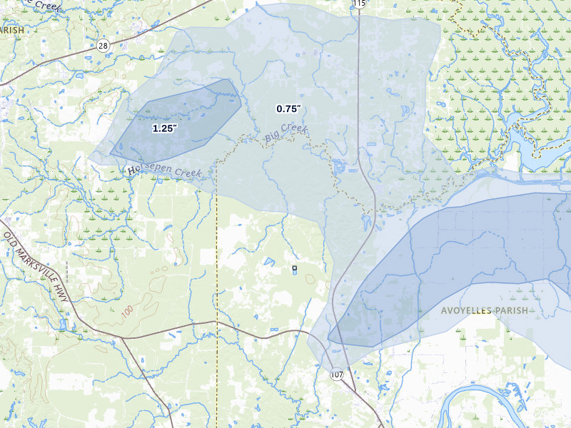 NEXRAD radar-signature map of the hail storm over Center Point, LA on Jul 7, 2026