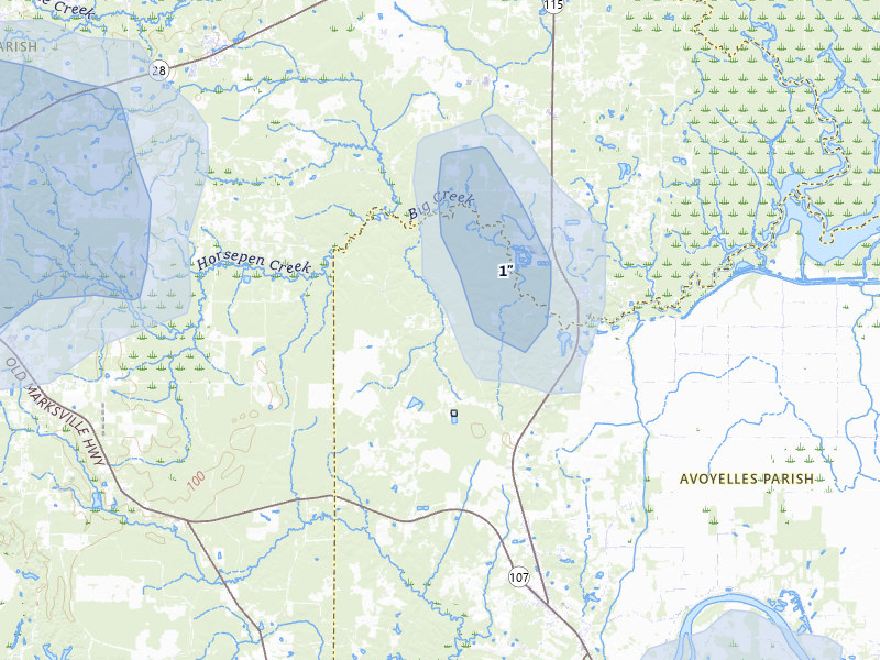 NEXRAD radar-signature map of the hail storm over Center Point, LA on Aug 21, 2026