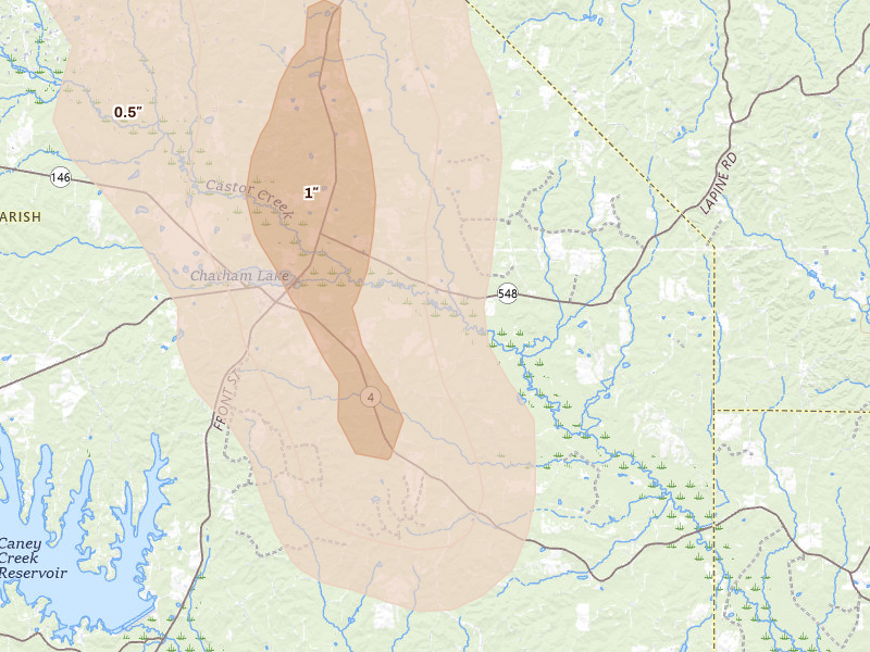 Radar-estimated hail-size map of the storm over Chatham, LA on Jun 22, 2026