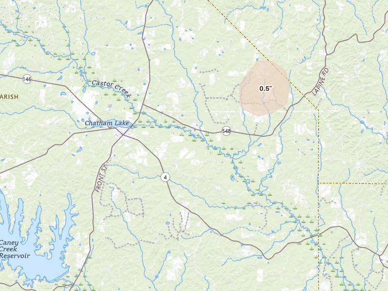 Radar-estimated hail-size map of the storm over Chatham, LA on Jul 4, 2026