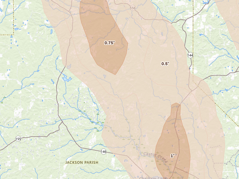 Radar-estimated hail-size map of the storm over Choudrant, LA on Jun 22, 2026