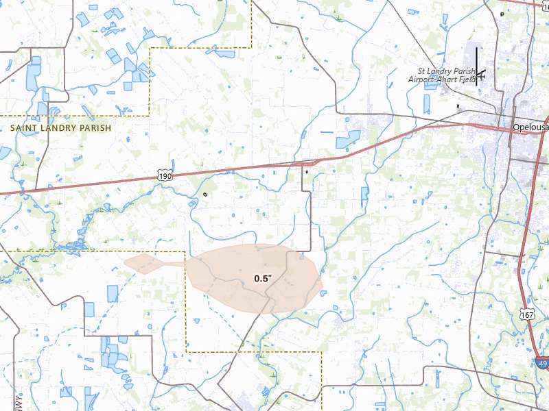 Radar-estimated hail-size map of the storm over Church Point, LA on Apr 24, 2026
