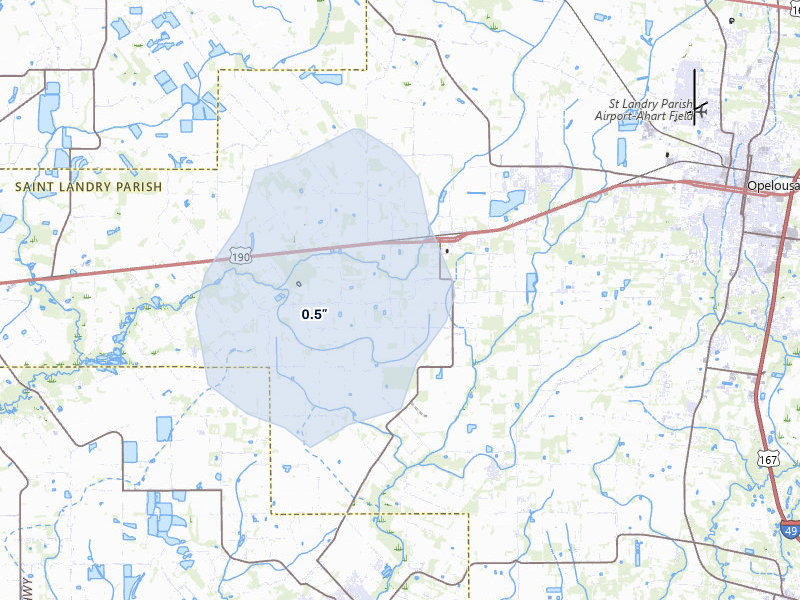 NEXRAD radar-signature map of the hail storm over Church Point, LA on Jul 1, 2026
