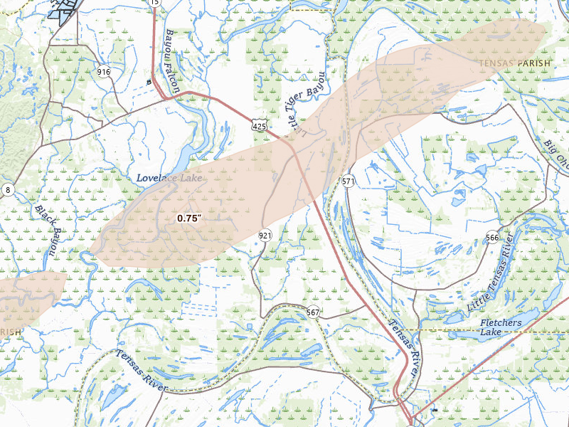 Radar-estimated hail-size map of the storm over Clayton, LA on May 6, 2026