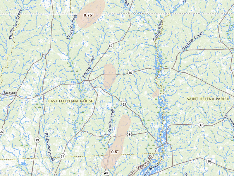 Radar-estimated hail-size map of the storm over Clinton, LA on Mar 7, 2026