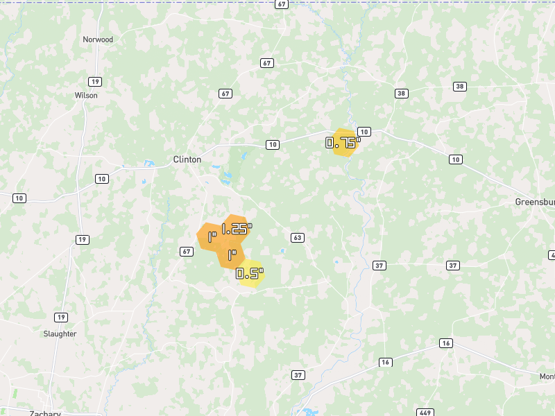 Hail map of Clinton, LA on Jul 5, 2026, hail up to 1.25"