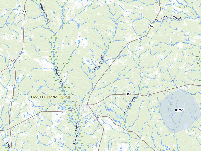 NEXRAD radar-signature map of the hail storm over Clinton, LA on Jul 10, 2026