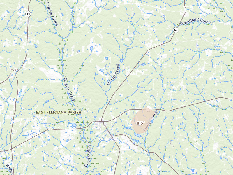 Radar-estimated hail-size map of the storm over Clinton, LA on Aug 5, 2026