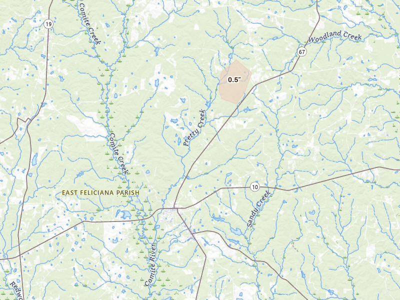 Radar-estimated hail-size map of the storm over Clinton, LA on Aug 8, 2026