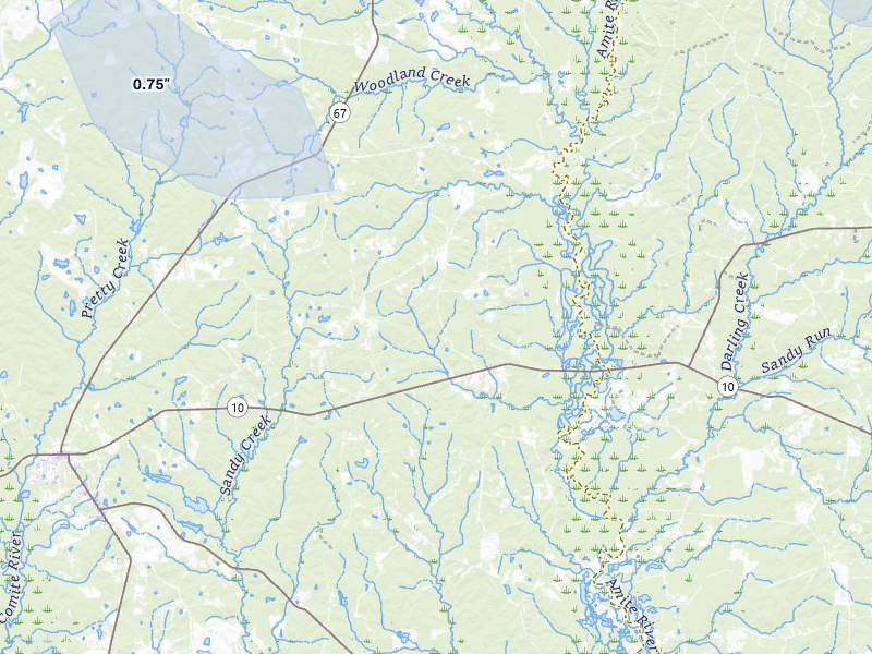 NEXRAD radar-signature map of the hail storm over Clinton, LA on Aug 8, 2026