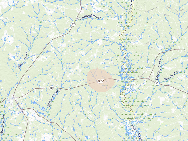 Radar-estimated hail-size map of the storm over Clinton, LA on Aug 16, 2026