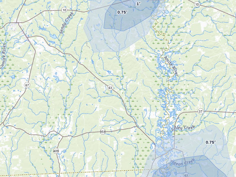 NEXRAD radar-signature map of the hail storm over Clinton, LA on Aug 16, 2026