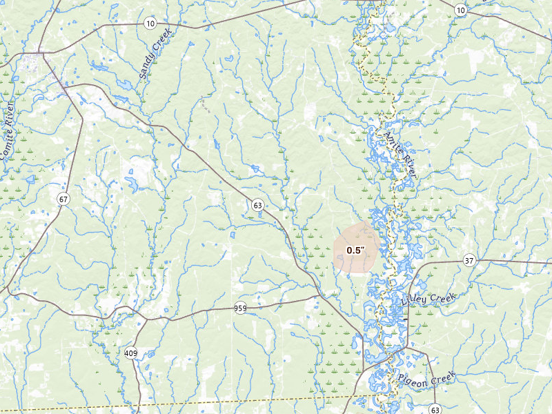 Radar-estimated hail-size map of the storm over Clinton, LA on Aug 17, 2026