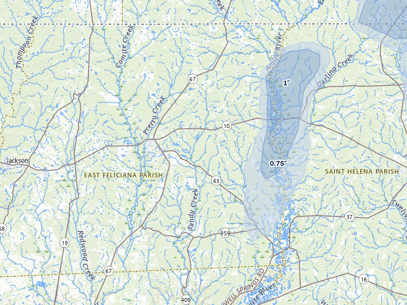 NEXRAD radar-signature map of the hail storm over Clinton, LA on Aug 17, 2026