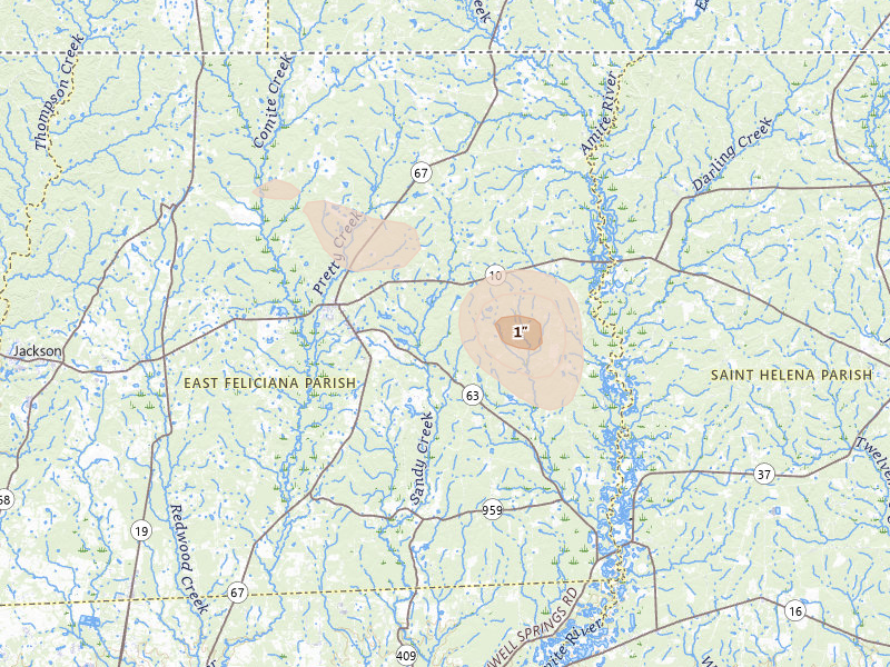 Radar-estimated hail-size map of the storm over Clinton, LA on Aug 23, 2026