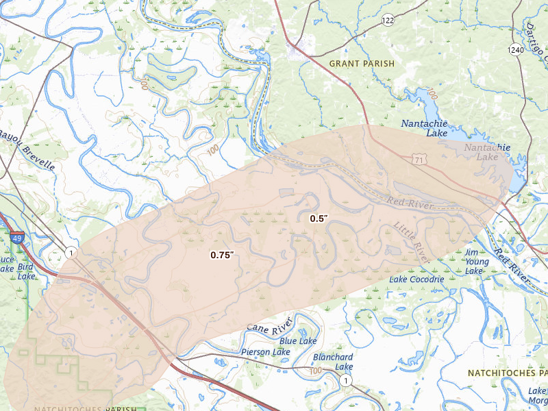 Radar-estimated hail-size map of the storm over Cloutierville, LA on Mar 7, 2026