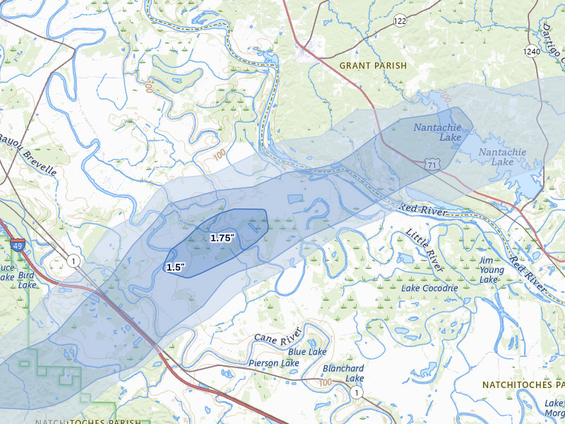 NEXRAD radar-signature map of the hail storm over Cloutierville, LA on Mar 7, 2026