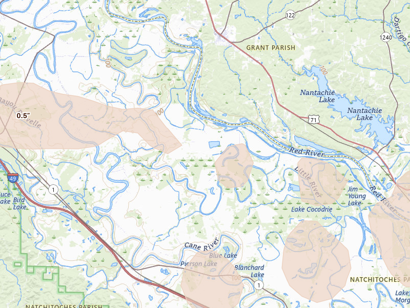 Radar-estimated hail-size map of the storm over Cloutierville, LA on Apr 29, 2026