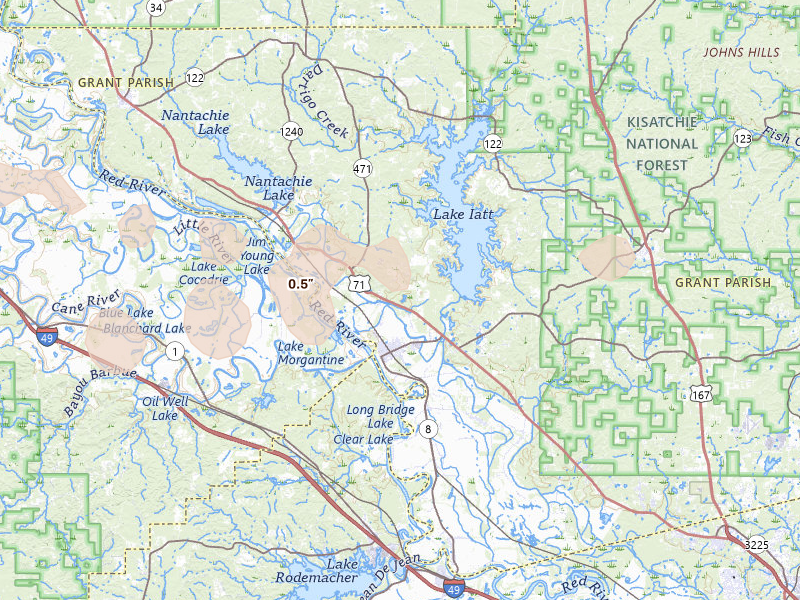 Radar-estimated hail-size map of the storm over Colfax, LA on Apr 29, 2026