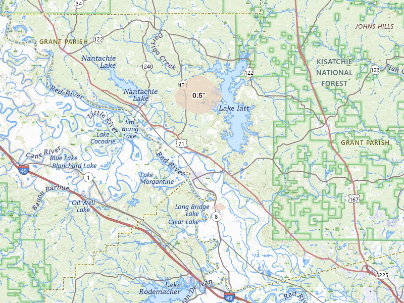 Radar-estimated hail-size map of the storm over Colfax, LA on Jun 19, 2026
