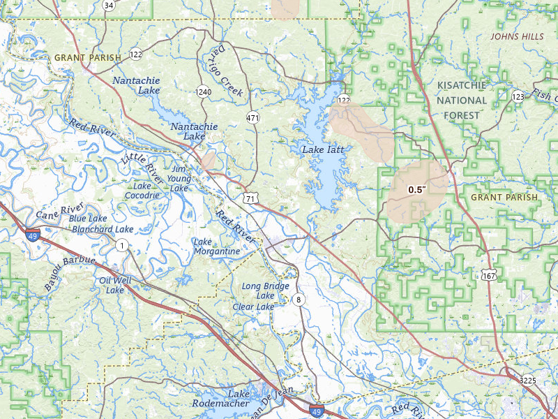 Radar-estimated hail-size map of the storm over Colfax, LA on Jul 1, 2026