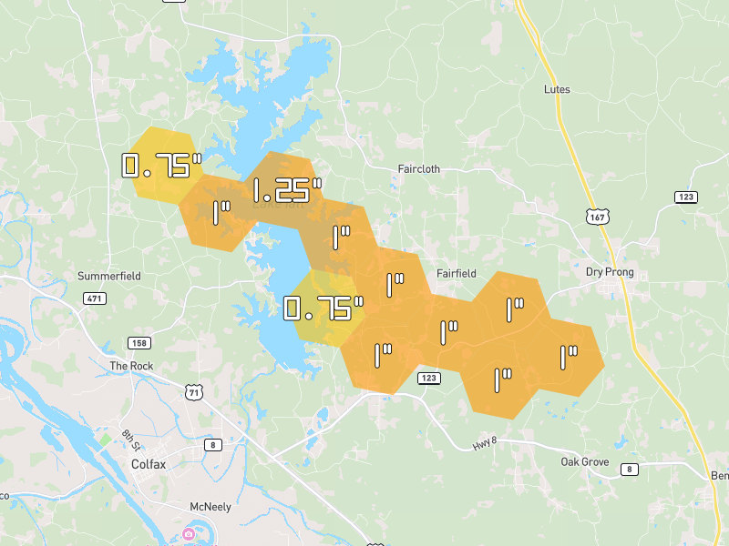 Hail map of Colfax, LA on Jul 1, 2026, hail up to 1.25"