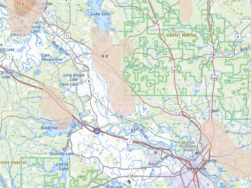 Radar-estimated hail-size map of the storm over Colfax, LA on Aug 21, 2026