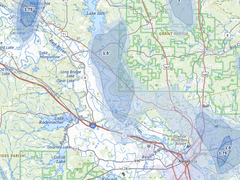 NEXRAD radar-signature map of the hail storm over Colfax, LA on Aug 21, 2026