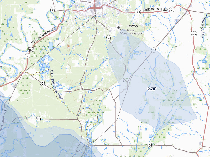 NEXRAD radar-signature map of the hail storm over Collinston, LA on Apr 25, 2026