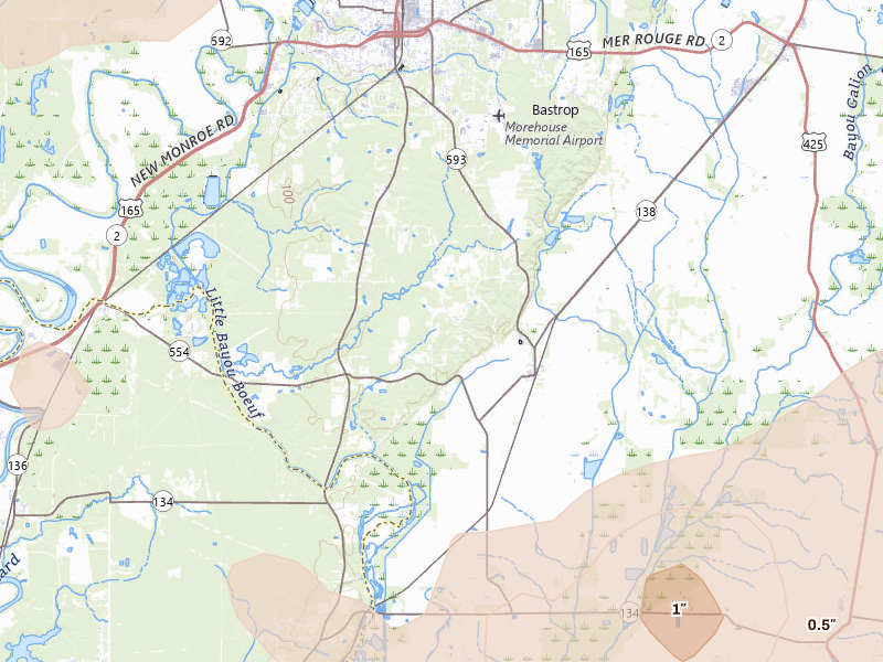 Radar-estimated hail-size map of the storm over Collinston, LA on Apr 28, 2026