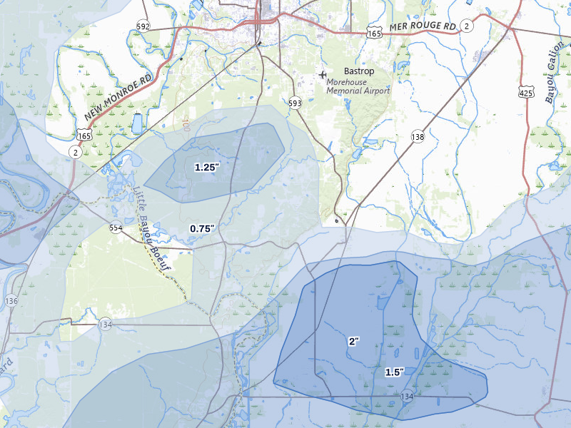NEXRAD radar-signature map of the hail storm over Collinston, LA on Apr 28, 2026