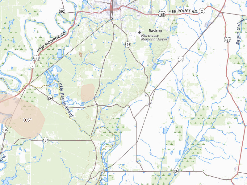 Radar-estimated hail-size map of the storm over Collinston, LA on Jun 1, 2026