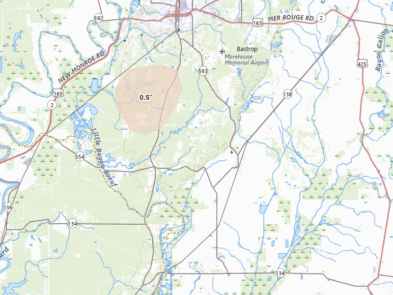 Radar-estimated hail-size map of the storm over Collinston, LA on Jul 1, 2026