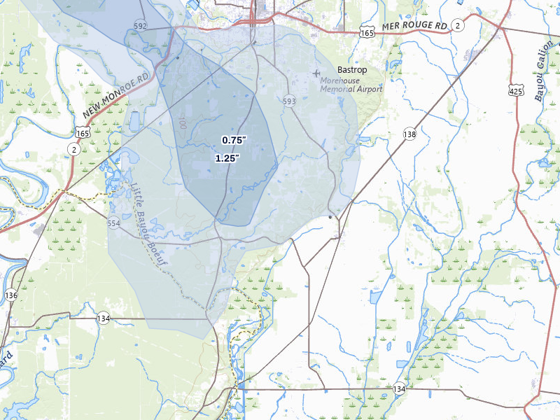 NEXRAD radar-signature map of the hail storm over Collinston, LA on Jul 1, 2026
