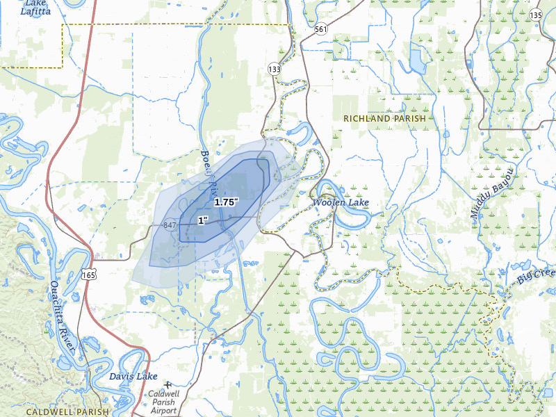 NEXRAD radar-signature map of the hail storm over Columbia, LA on Jan 9, 2026
