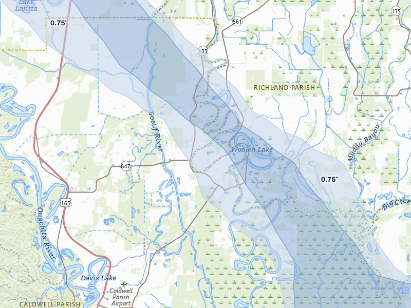 NEXRAD radar-signature map of the hail over Columbia, LA