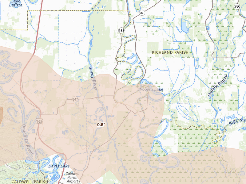 Radar-estimated hail-size map of the storm over Columbia, LA on May 8, 2026