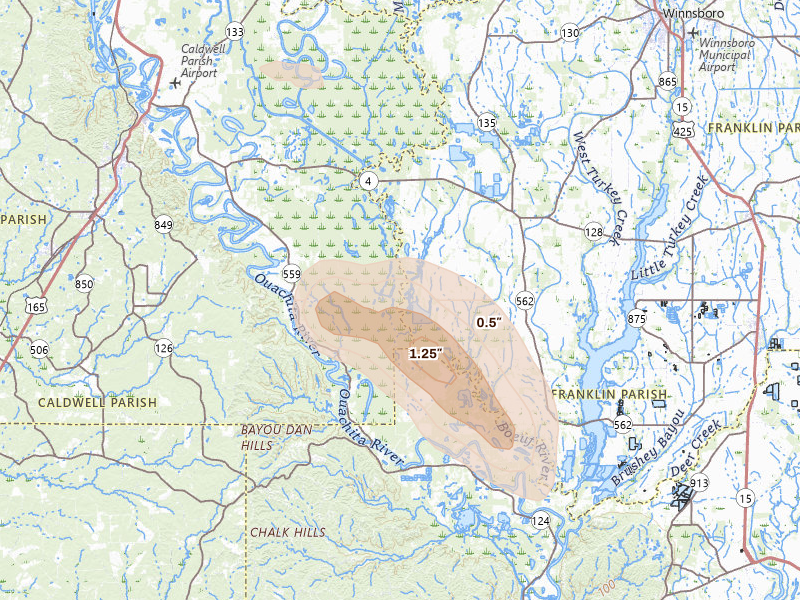 Radar-estimated hail-size map of the storm over Columbia, LA on May 10, 2026