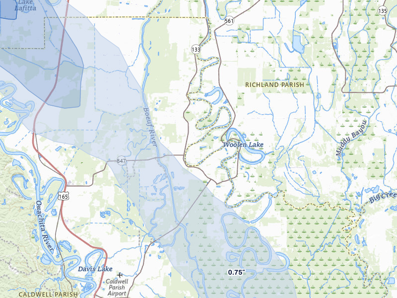 NEXRAD radar-signature map of the hail storm over Columbia, LA on May 10, 2026