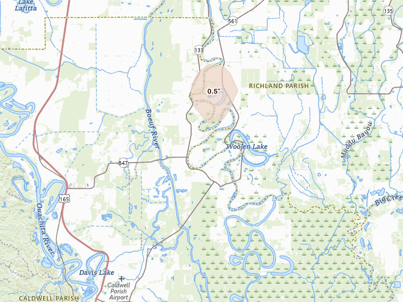 Radar-estimated hail-size map of the storm over Columbia, LA on Aug 6, 2026
