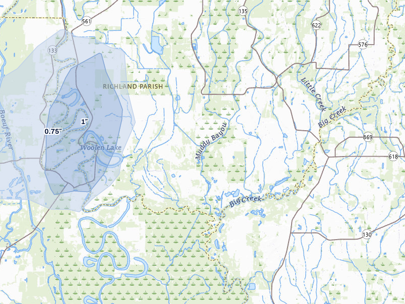 NEXRAD radar-signature map of the hail storm over Columbia, LA on Aug 6, 2026
