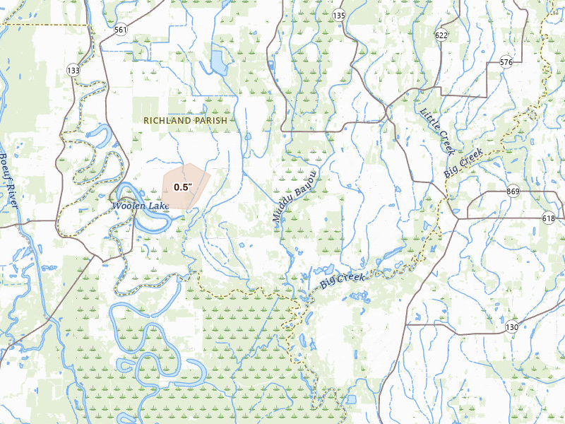 Radar-estimated hail-size map of the storm over Columbia, LA on Aug 9, 2026