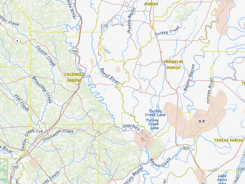 Radar-estimated hail-size map of the storm over Columbia, LA on Aug 21, 2026