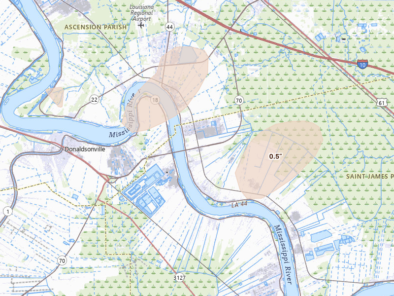 Radar-estimated hail-size map of the storm over Convent, LA on Aug 24, 2026