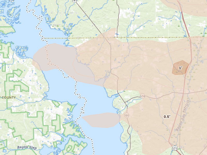 Radar-estimated hail-size map of the storm over Converse, LA on Mar 15, 2026