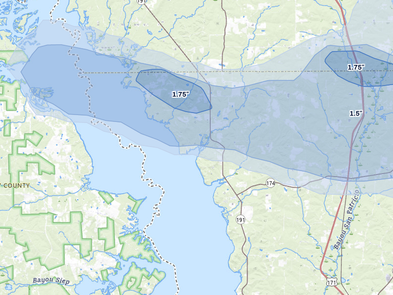 NEXRAD radar-signature map of the hail storm over Converse, LA on Mar 15, 2026