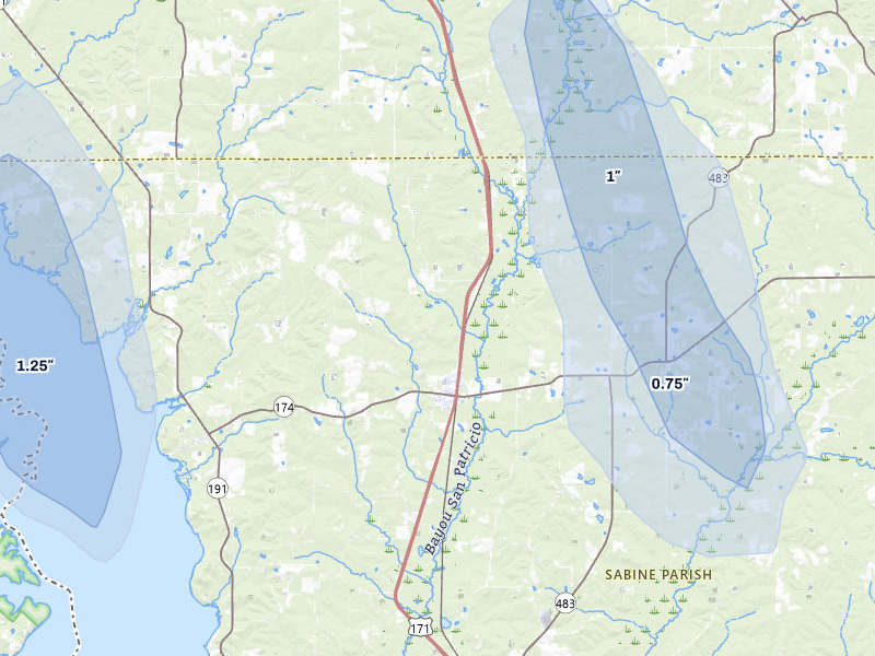 NEXRAD radar-signature map of the hail storm over Converse, LA on Aug 21, 2026