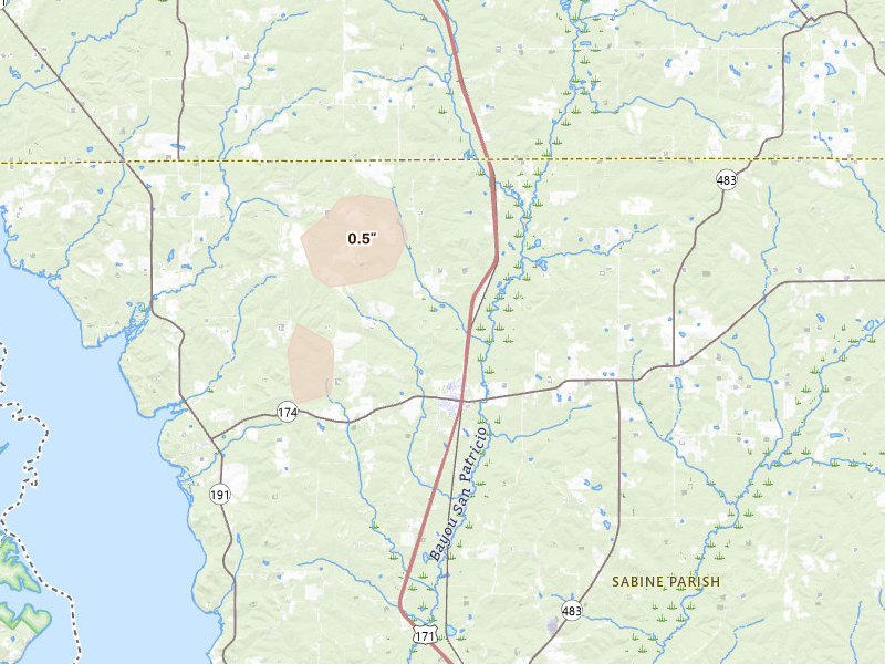 Radar-estimated hail-size map of the storm over Converse, LA on Aug 23, 2026